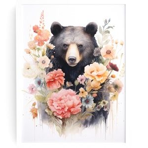 Watercolor Floral Black Bear Portrait Wall Art Illustration Print Unframed